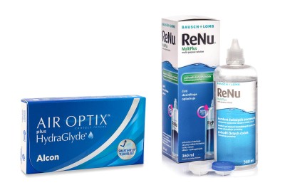 Image of Air Optix Plus Hydraglyde (6 Linsen) + ReNu MultiPlus 360 ml mit Behälter