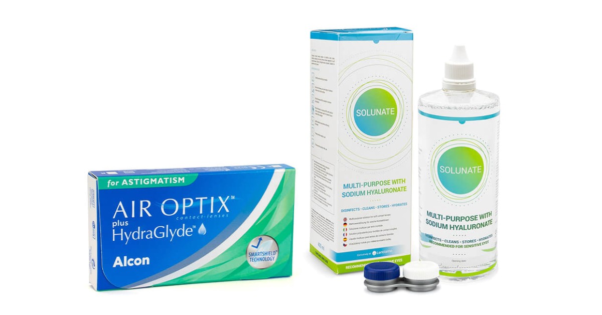 Air Optix Plus Hydraglyde for Astigmatism (6 Linsen) + Solunate Multi-Purpose 400 ml mit Behälter