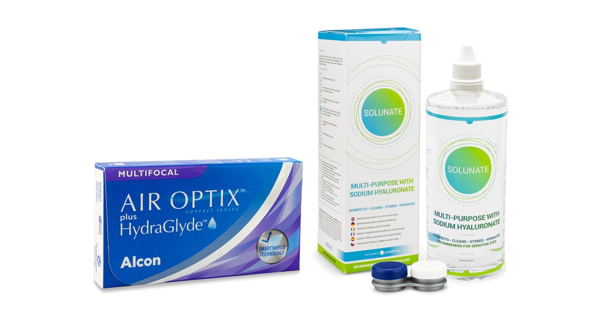 Air Optix Plus Hydraglyde Multifocal (6 Linsen) + Solunate Multi-Purpose 400 ml mit Behälter