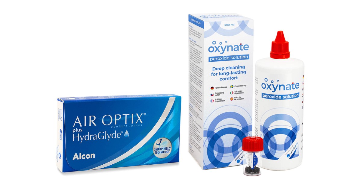 Image of Air Optix Plus Hydraglyde (6 Linsen) + Oxynate Peroxide 380 ml mit Behälter